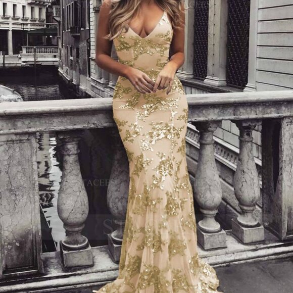 Champagne/gold trumpet dress with sweep train, tulle evening dress - Picture 1 of 4